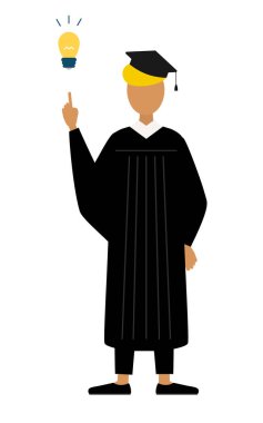 Mezuniyet elbiseleri ve kare şapkalar içinde siyah bir erkek mezununun basit bir çizimi ilham verici fikirler, Vektör İllüzyonu