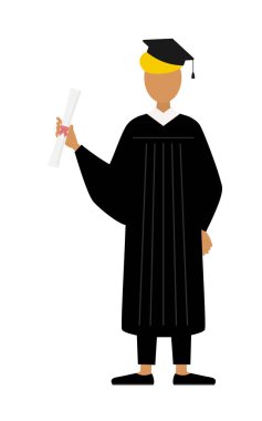 Mezuniyet elbisesi ve kare şapkalı siyah bir erkek mezununun basit bir resmi. Diploması var, Vektör İllüzyonu.