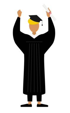 Mezuniyet elbiseleri ve kare kapaklarla diploma ile karnına yumruk atan siyah bir erkek mezununun basit bir çizimi, Vector Illustration
