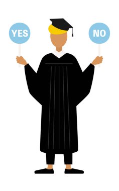 Mezuniyet elbisesi ve kare şapkalı siyah bir erkek mezununun basit bir resmi. Elinde evet-hayır çubuğu var, Vektör İllüzyonu.