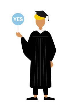 Mezuniyet elbisesi ve kare şapkalı siyah bir erkek mezununun basit bir resmi. Elinde evet-hayır çubuğu var, Vektör İllüzyonu.