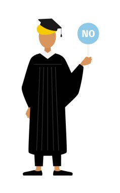 Mezuniyet elbisesi ve kare şapkalı siyah bir erkek mezununun basit bir resmi. Elinde evet-hayır çubuğu var, Vektör İllüzyonu.