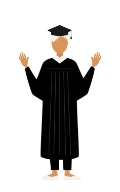 Mezuniyet elbisesi ve kare şapkalı siyah bir kadın mezununun basit bir resmi. Elini kaldırması sürpriz oldu.