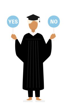 Elinde evet-hayır sopasıyla mezuniyet elbisesi ve kare şapkalı siyah bir kadın mezununun basit bir çizimi, Vector Illustration