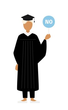 Elinde evet-hayır sopasıyla mezuniyet elbisesi ve kare şapkalı siyah bir kadın mezununun basit bir çizimi, Vector Illustration