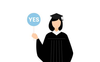 Mezuniyet elbisesi ve kare şapkalı Asyalı bir kadının basit bir resmi. Elinde evet-hayır çubuğu var, Vector Illustration.