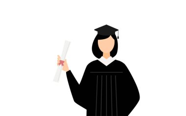 Mezuniyet elbiseleri ve kare şapkalar içinde elinde diploma olan Asyalı kadın mezunlarının basit bir çizimi, Vektör İllüzyonu