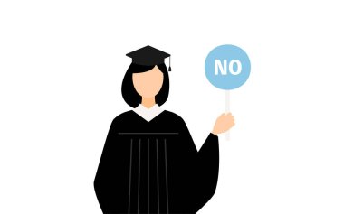 Mezuniyet elbisesi ve kare şapkalı Asyalı bir kadının basit bir resmi. Elinde evet-hayır çubuğu var, Vector Illustration.