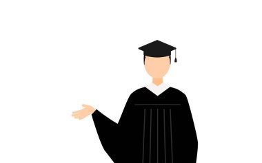 Mezuniyet elbiseleri ve kare şapkalar içinde Asyalı bir erkek mezunun basit bir resmi, Vector Illustration