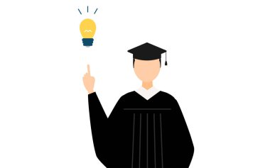 Mezuniyet elbiseleri ve kare şapkalar içinde Asyalı bir erkek mezununun basit bir çizimi ilham verici fikirler, Vektör İllüzyonu