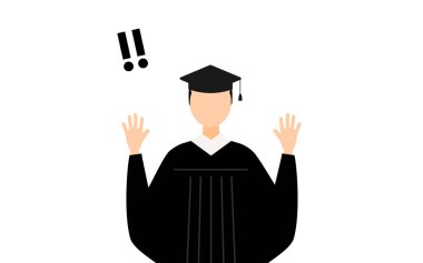 Mezuniyet elbiseleri ve kare şapkalar içinde Asyalı bir erkek mezunun basit bir resmi. Şaşırarak elini kaldırıyor, Vector Illustration