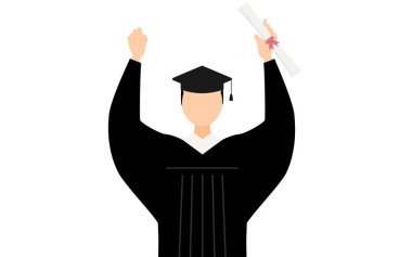 Mezuniyet elbiseleri ve kare kapaklı giysiler içinde diplomayla karnına yumruk atan Asyalı bir erkek mezununun basit bir çizimi, Vector Illustration