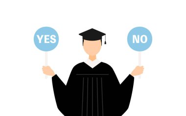 Mezuniyet elbisesi ve kare şapkalı Asyalı bir erkek mezununun basit bir tasviri. Elinde evet-hayır çubuğu var, Vector Illustration.