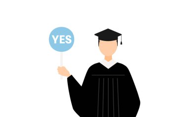 Mezuniyet elbisesi ve kare şapkalı Asyalı bir erkek mezununun basit bir tasviri. Elinde evet-hayır çubuğu var, Vector Illustration.