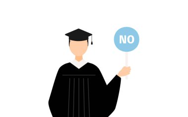 Mezuniyet elbisesi ve kare şapkalı Asyalı bir erkek mezununun basit bir tasviri. Elinde evet-hayır çubuğu var, Vector Illustration.