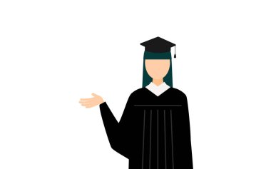 Mezuniyet elbiseleri ve kare şapkalar içinde Asyalı bir kadın mezununun basit bir çizimi, Vector Illustration