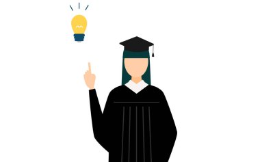 Mezuniyet elbiseleri ve kare şapkalar içinde Asyalı bir kadın mezununun basit bir çizimi ilham verici fikirler, Vektör İllüzyonu