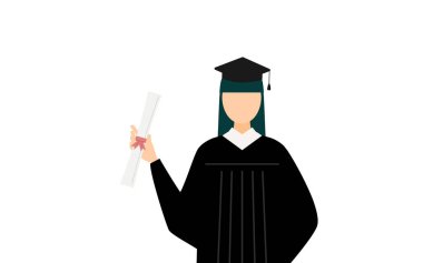 Mezuniyet elbiseleri ve kare şapkalar içinde elinde diploma olan Asyalı kadın mezunlarının basit bir çizimi, Vektör İllüzyonu