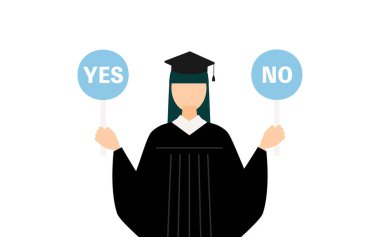 Mezuniyet elbisesi ve kare şapkalı Asyalı bir kadının basit bir resmi. Elinde evet-hayır çubuğu var, Vector Illustration.