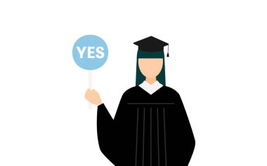 Mezuniyet elbisesi ve kare şapkalı Asyalı bir kadının basit bir resmi. Elinde evet-hayır çubuğu var, Vector Illustration.