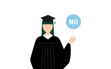 Mezuniyet elbisesi ve kare şapkalı Asyalı bir kadının basit bir resmi. Elinde evet-hayır çubuğu var, Vector Illustration.