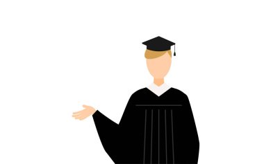 Mezuniyet elbisesi ve kare şapkalı beyaz bir erkek mezununun basit bir çizimi, Vector Illustration