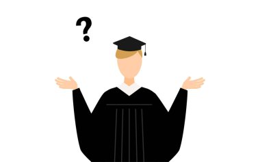 Mezuniyet elbiseleri ve kare kapaklı sorgular içinde beyaz bir erkek mezununun basit bir çizimi, Vektör İllüzyonu