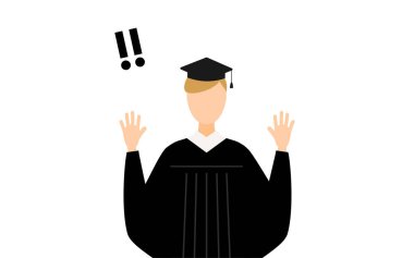 Mezuniyet elbiseleri ve kare şapkalar içinde beyaz bir erkek mezunun basit bir çizimi.