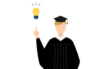 Mezuniyet elbiseleri ve kare şapkalar içinde beyaz bir erkek mezununun basit bir çizimi ilham verici fikirler, Vektör İllüzyonu