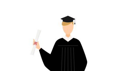 Mezuniyet elbisesi ve kare şapkalı beyaz bir erkek mezunun basit bir resmi. Diploması var, Vektör İllüzyonu.