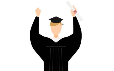 Mezuniyet kıyafetleri içinde beyaz bir erkek mezuniyetin basit bir gösterimi ve diploma ile karnını yumruklayan kare kapaklı Vector Illustration