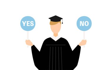 Mezuniyet elbisesi ve kare şapkalı beyaz bir erkek mezununun basit bir resmi. Elinde evet-hayır çubuğu var, Vektör İllüzyonu.