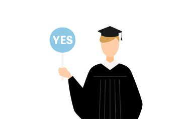 Mezuniyet elbisesi ve kare şapkalı beyaz bir erkek mezununun basit bir resmi. Elinde evet-hayır çubuğu var, Vektör İllüzyonu.