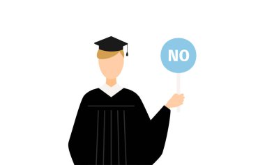 Mezuniyet elbisesi ve kare şapkalı beyaz bir erkek mezununun basit bir resmi. Elinde evet-hayır çubuğu var, Vektör İllüzyonu.