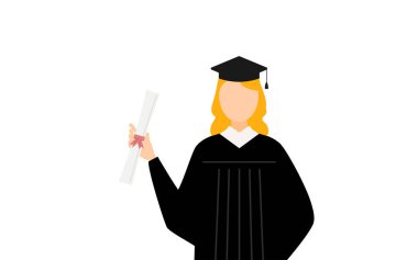 Mezuniyet elbiseleri ve kare şapkalar içinde elinde diploma olan beyaz bir kadının basit bir çizimi, Vektör İllüzyonu.