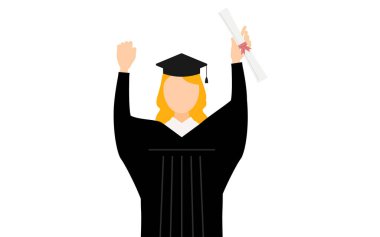 Mezuniyet elbisesi ve kare kapaklı, diploma ile karnına yumruk atan beyaz bir kadın mezununun basit bir çizimi, Vector Illustration