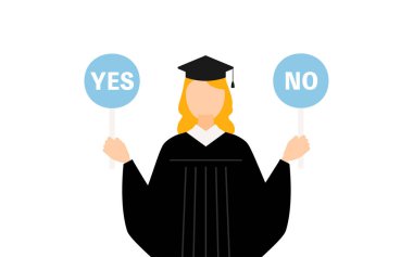 Mezuniyet elbisesi ve kare şapkalı beyaz bir kadın mezununun basit bir resmi. Elinde evet-hayır çubuğu var, Vektör İllüzyonu.