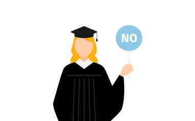 Mezuniyet elbisesi ve kare şapkalı beyaz bir kadın mezununun basit bir resmi. Elinde evet-hayır çubuğu var, Vektör İllüzyonu.