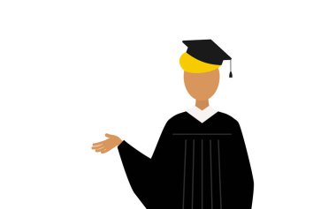 Mezuniyet elbisesi ve kare şapkalı siyah bir erkek mezununun basit bir çizimi, Vector Illustration