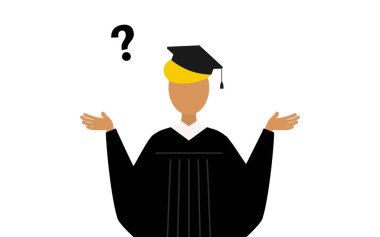 Siyahi bir erkek mezuniyetin basit bir örneği. Mezuniyet elbiseleri ve kare başlıklar içinde sorgulama, Vektör İllüzyonu.