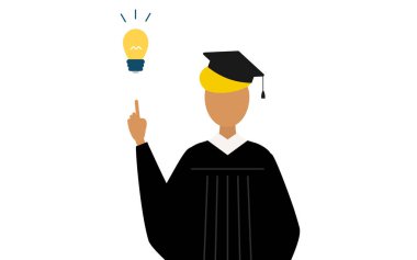 Mezuniyet elbiseleri ve kare şapkalar içinde siyah bir erkek mezununun basit bir çizimi ilham verici fikirler, Vektör İllüzyonu