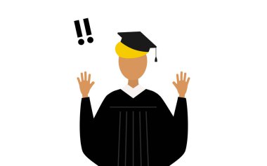 Mezuniyet elbisesi ve kare şapkalı siyah bir erkek mezunun basit bir resmi. Elini kaldırması sürpriz oldu.