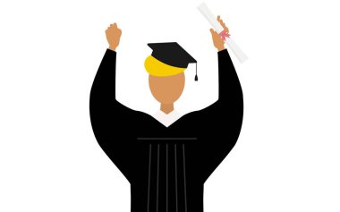 Mezuniyet elbiseleri ve kare kapaklarla diploma ile karnına yumruk atan siyah bir erkek mezununun basit bir çizimi, Vector Illustration