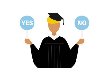 Mezuniyet elbisesi ve kare şapkalı siyah bir erkek mezununun basit bir resmi. Elinde evet-hayır çubuğu var, Vektör İllüzyonu.