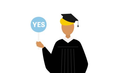 Mezuniyet elbisesi ve kare şapkalı siyah bir erkek mezununun basit bir resmi. Elinde evet-hayır çubuğu var, Vektör İllüzyonu.