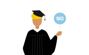 Mezuniyet elbisesi ve kare şapkalı siyah bir erkek mezununun basit bir resmi. Elinde evet-hayır çubuğu var, Vektör İllüzyonu.