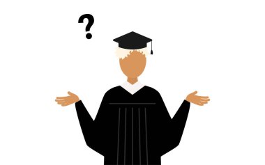 Mezuniyet elbiseleri ve kare kapaklı sorularla mezun olmuş siyah bir kadının basit bir çizimi, Vektör İllüzyonu