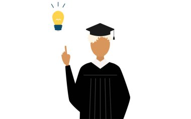 Mezuniyet elbiseleri ve kare şapkalar içinde siyah bir kadın mezununun basit bir tasviri ilham verici fikirler, Vektör İllüzyonu