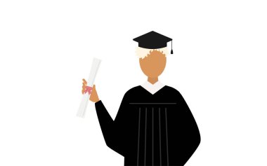 Mezuniyet elbiseleri ve kare kapaklı siyah bir kadın mezununun basit bir resmi. Diploması var, Vektör İllüzyonu.