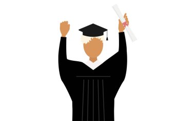 Mezuniyet elbiseleri ve kare kapaklarla diploma ile bağırsaklarını yumruklayan siyah bir kadın mezununun basit bir çizimi, Vector Illustration